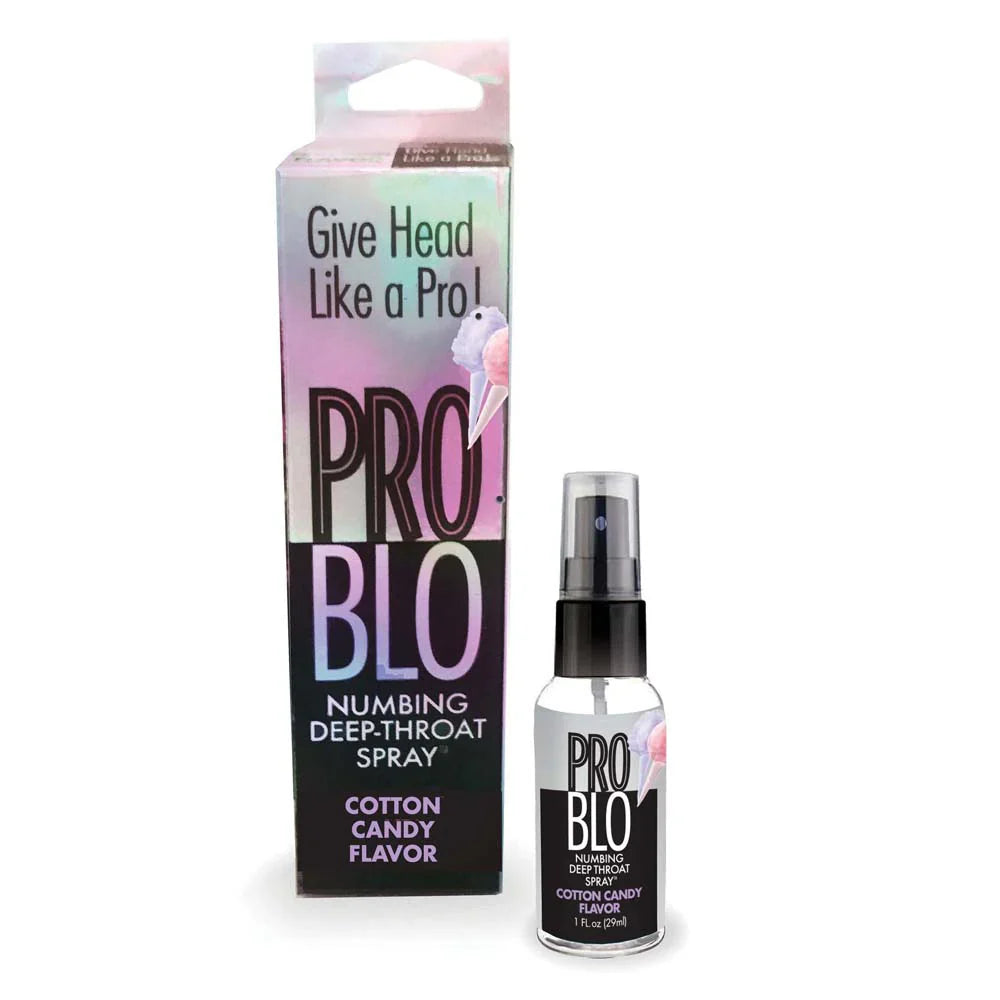 A bottle and box of Pro Blo numbing deep throat spray in cotton candy flavor.