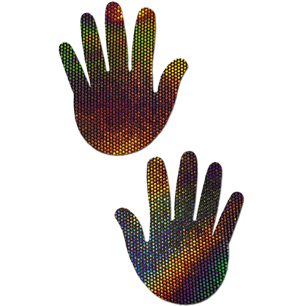 Two holographic velvet hand-shaped nipple pasties.