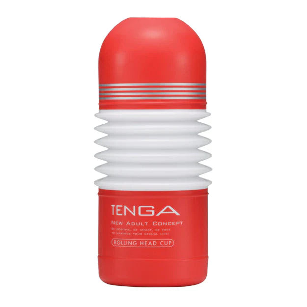 Tenga Rolling Head Cup male masturbator with red and white bellows design.