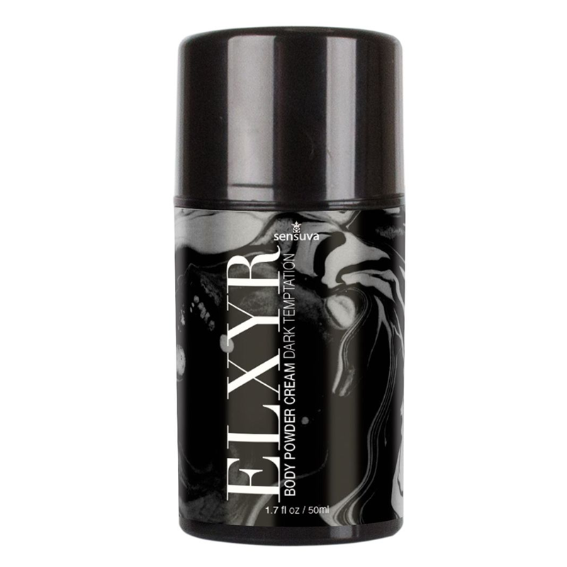 Sensuva Body Powder Cream in Dark Temptation with a marbled black and white design.