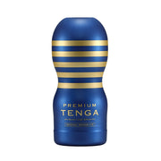 Blue and gold Tenga Original Vacuum Cup premium male masturbator.