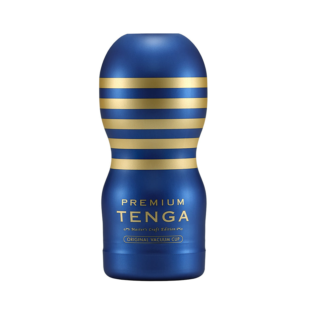 Blue and gold Tenga Original Vacuum Cup premium male masturbator.