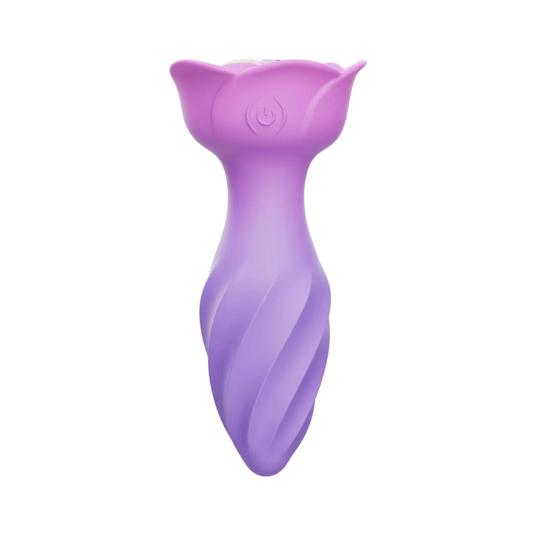 A purple anal plug shaped like a rose with a swirling textured shaft.