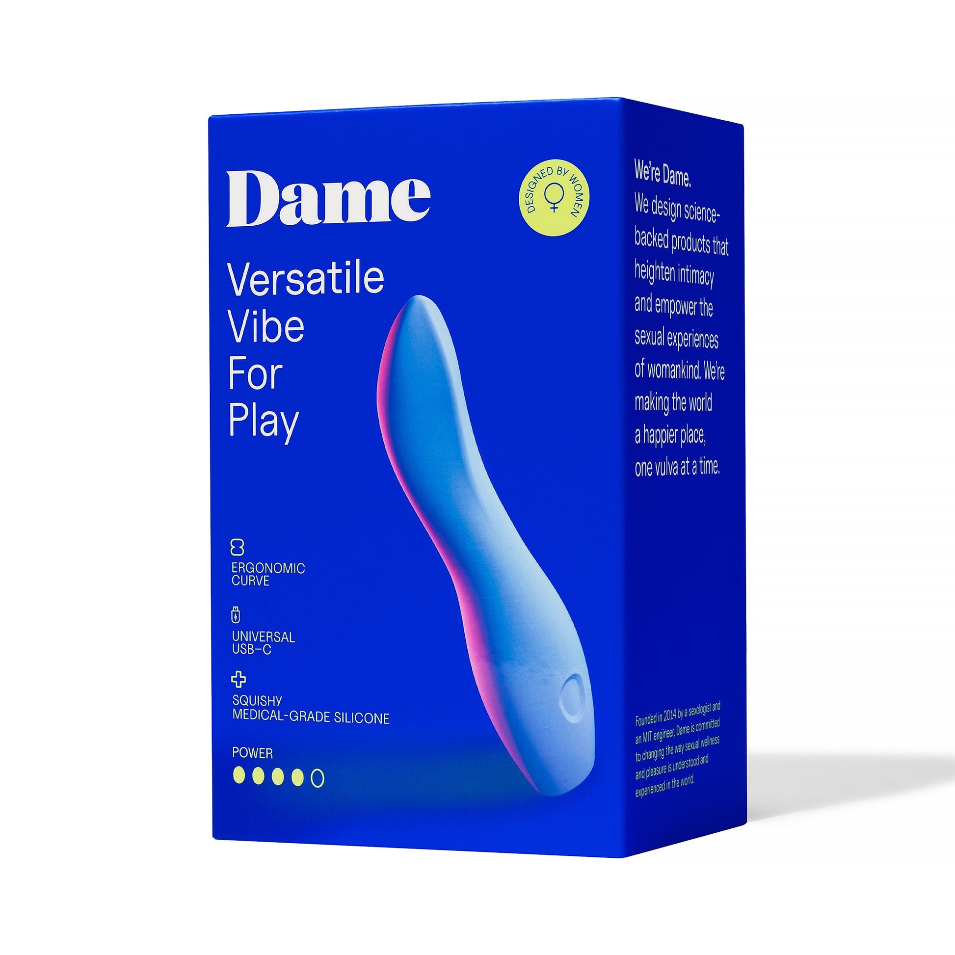 A periwinkle silicone vibrator with ergonomic design and USB-C charging.