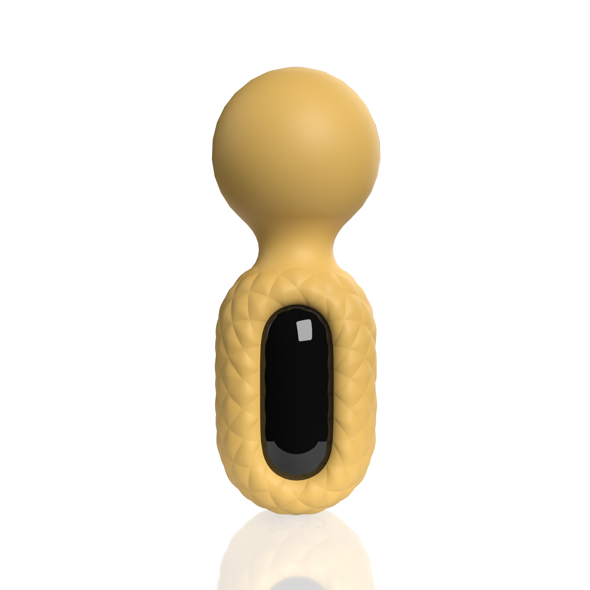 A yellow, textured wand with a black insert and a rounded top, reflected on a white surface.