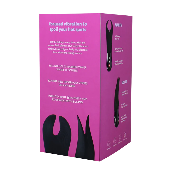 A pink box with black illustrations of two vibrators, Manta and Volta.
