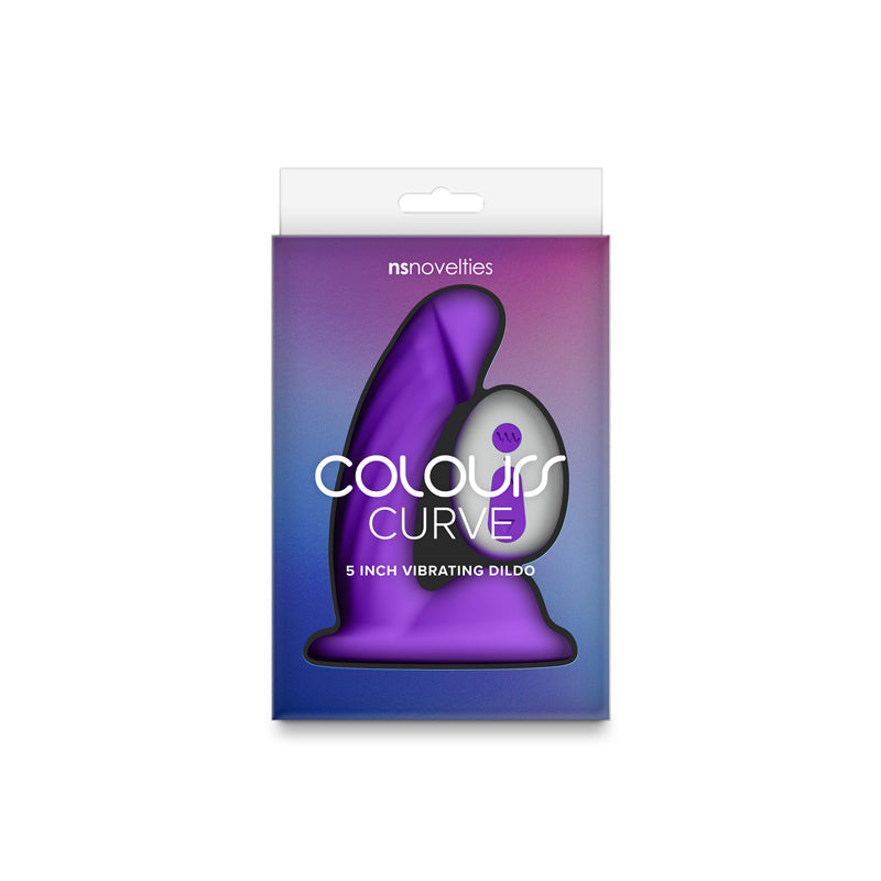 Purple curved vibrating dildo with "Colours Curve" branding.