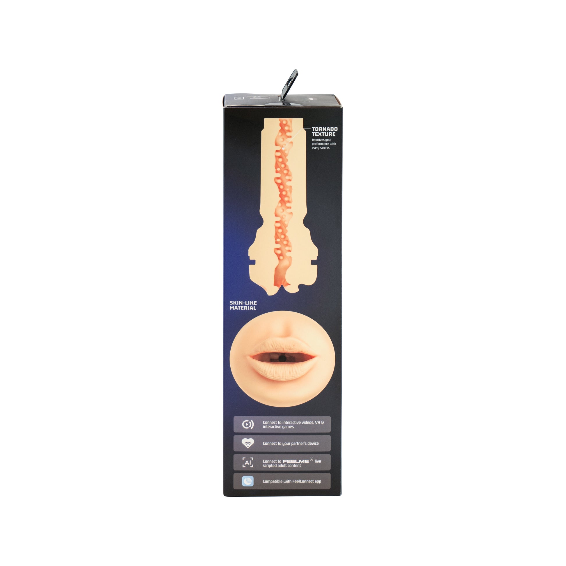 App-controlled suction stroker with realistic mouth and tornado texture.