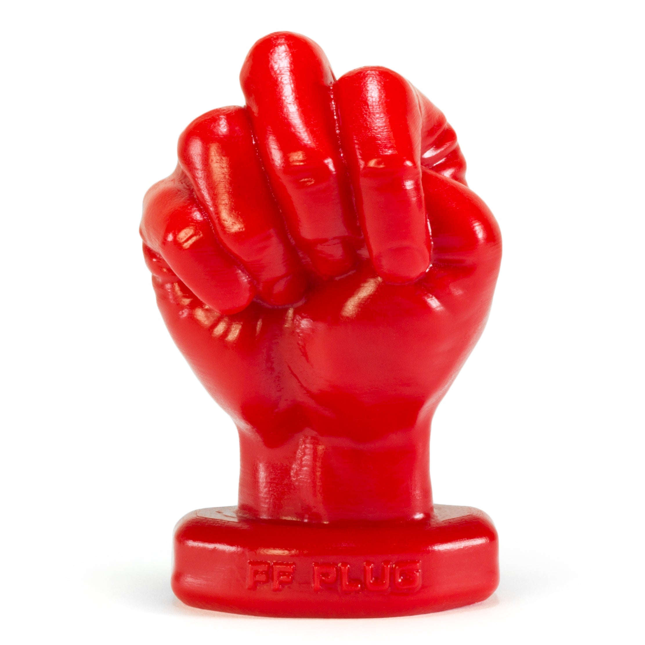 Red fist-shaped silicone anal butt plug with "FF PLUG" embossed on the base.