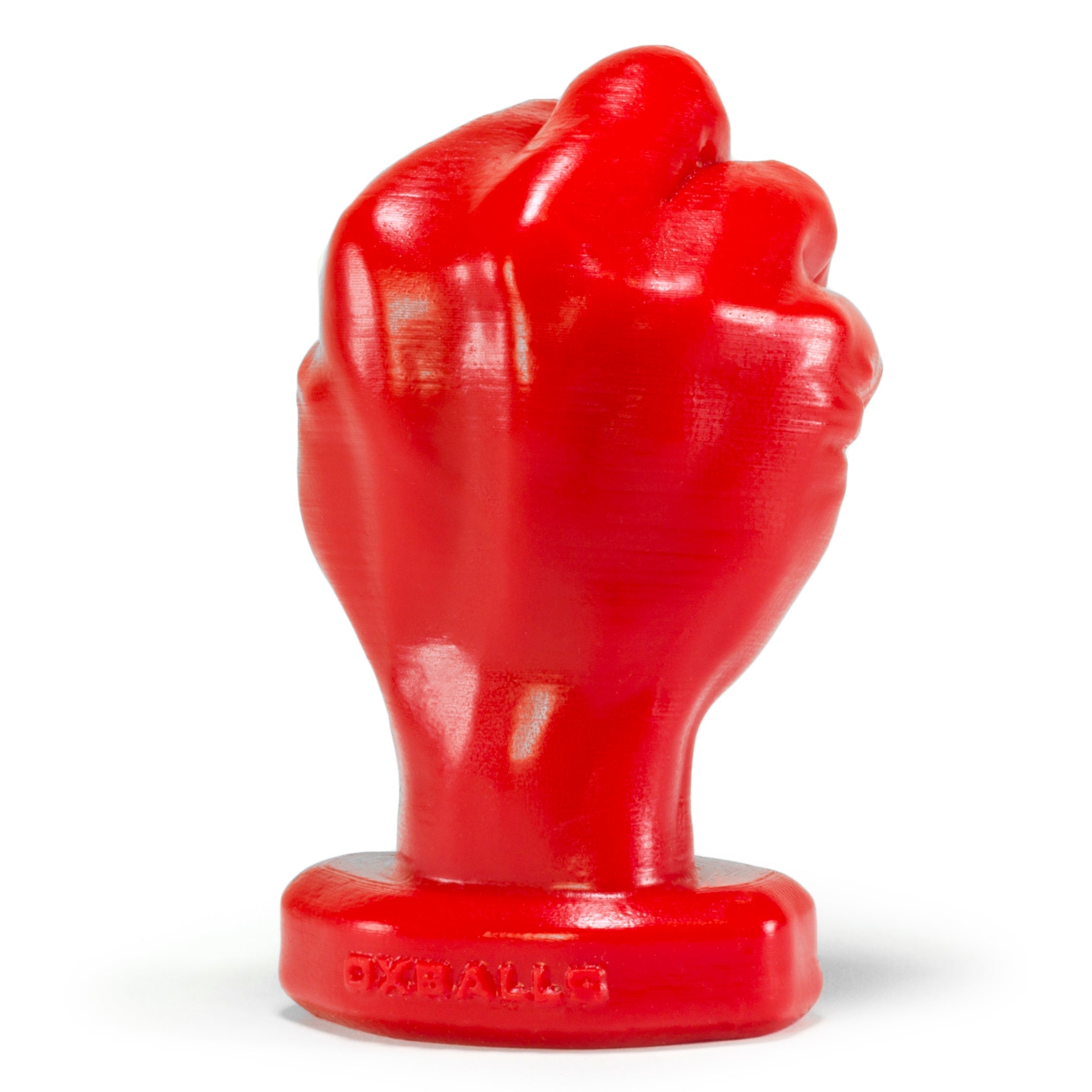 Red fist-shaped silicone anal butt plug with a base.