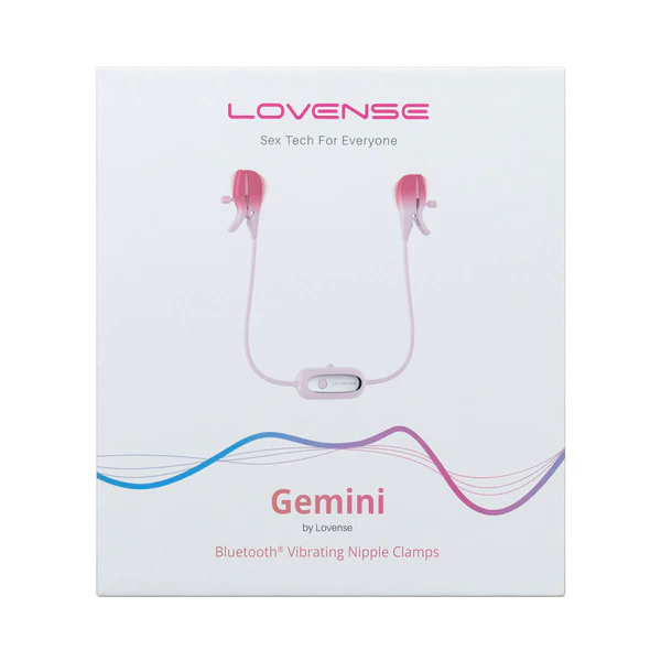 Lovense Gemini Bluetooth vibrating nipple clamps in pink on a white box.
