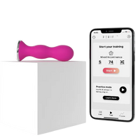 Pink Perifit pelvic floor trainer shown with its app interface.