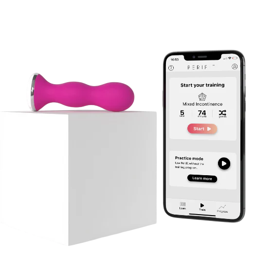 Pink Perifit pelvic floor trainer shown with its app interface.