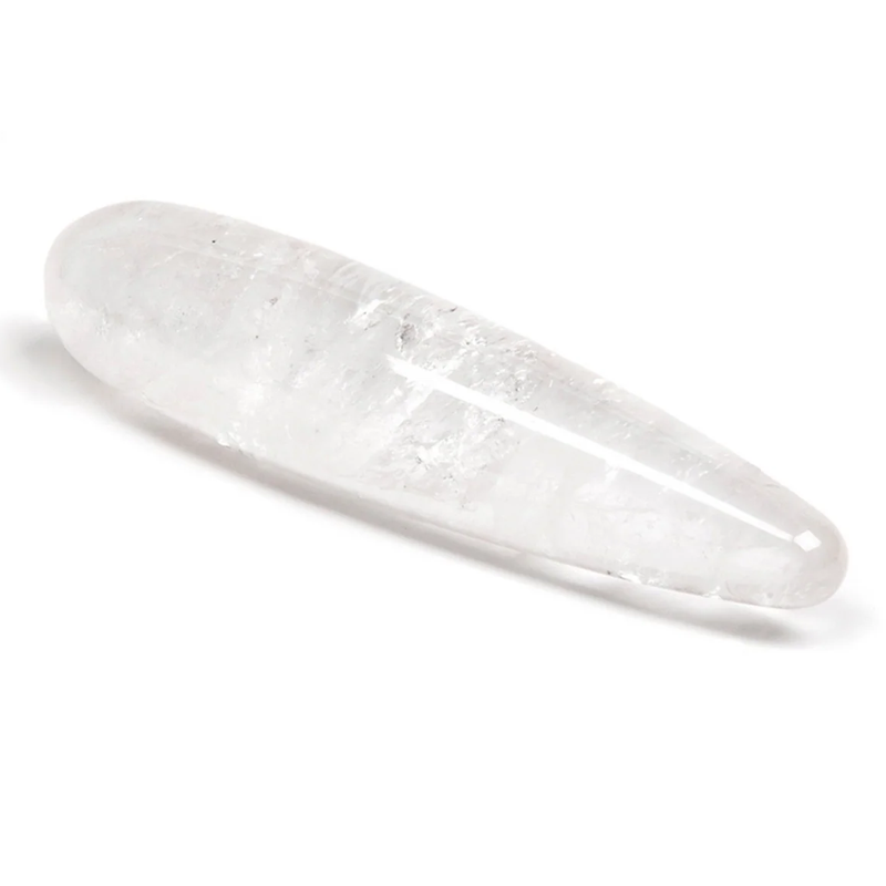 Clear quartz crystal wand with a rounded end and tapered tip.