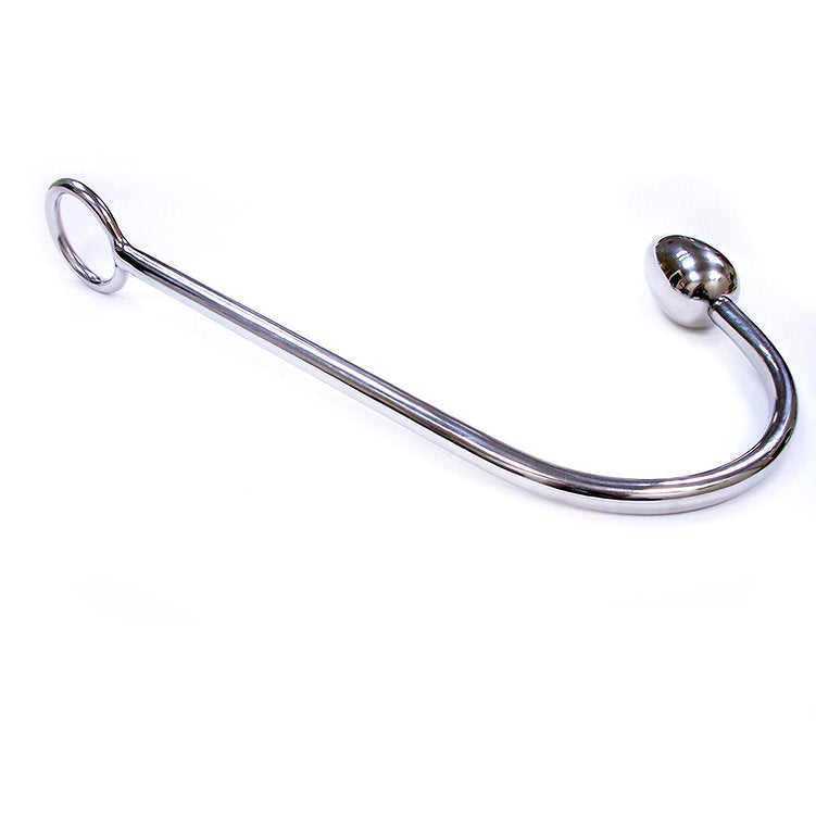 Stainless steel anal hook with a smooth, rounded tip.