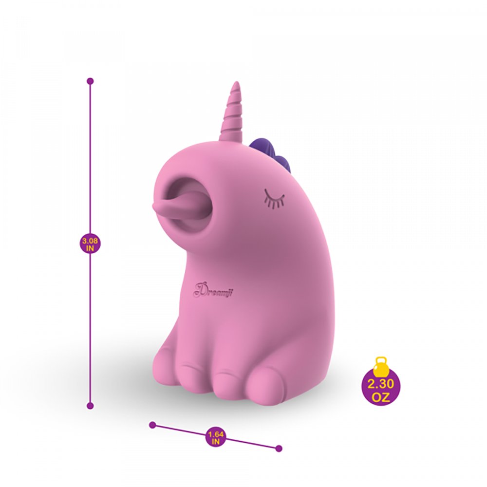 Pink unicorn licking stimulator with dimensions and weight indicated.