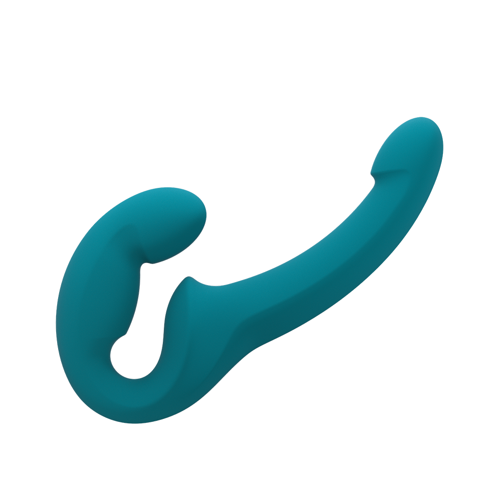 Teal double G-spot dildo with a curved shape and an erect tip.