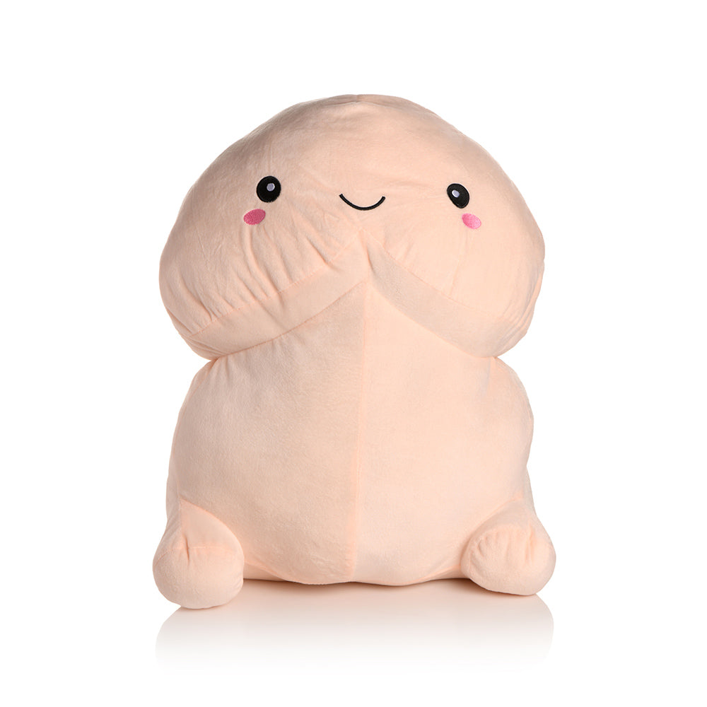 A plush body pillow shaped like a happy pecker with a smiling face.