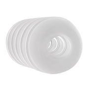 A white, ribbed TPE stroker with a vibrating C-ring.