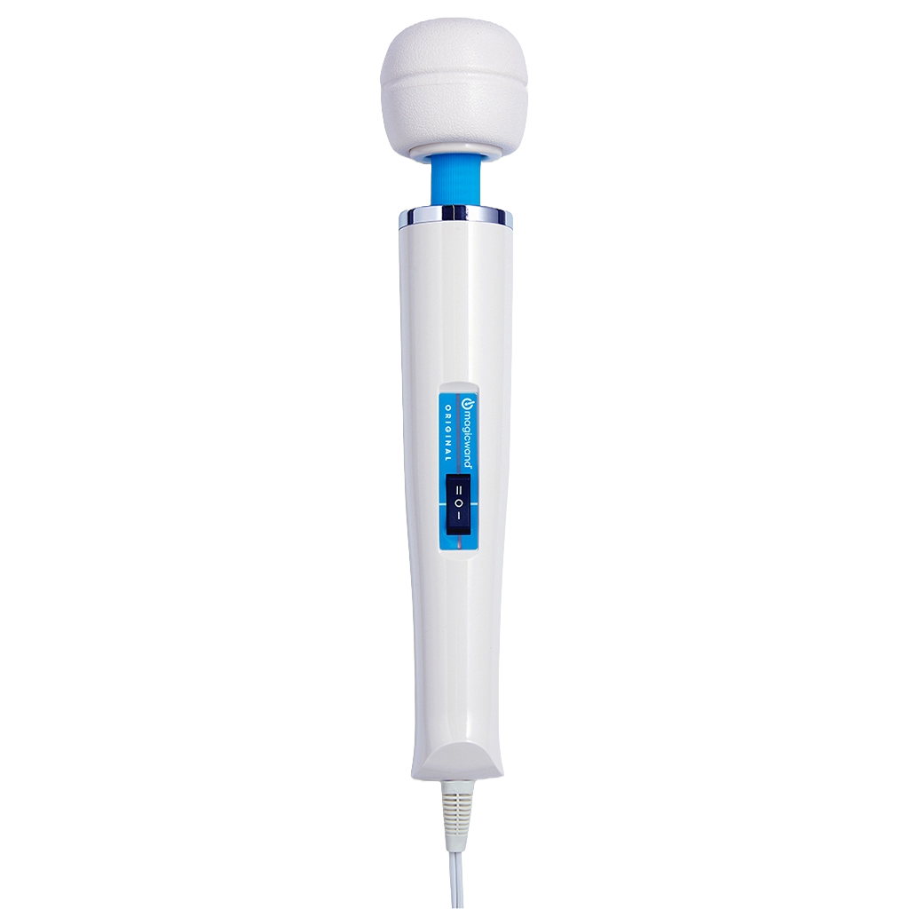 White Magic Wand Mini massager with a blue accent and a white head.
