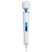 White Magic Wand Mini massager with a blue accent and a white head.