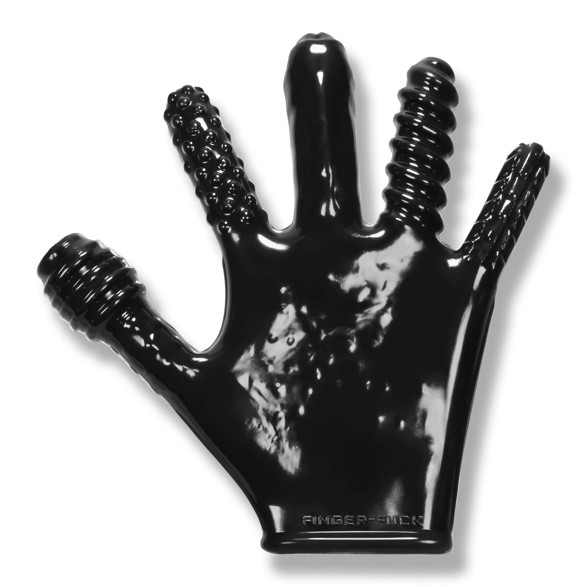 Black textured rubber play glove with distinct fingertip textures.