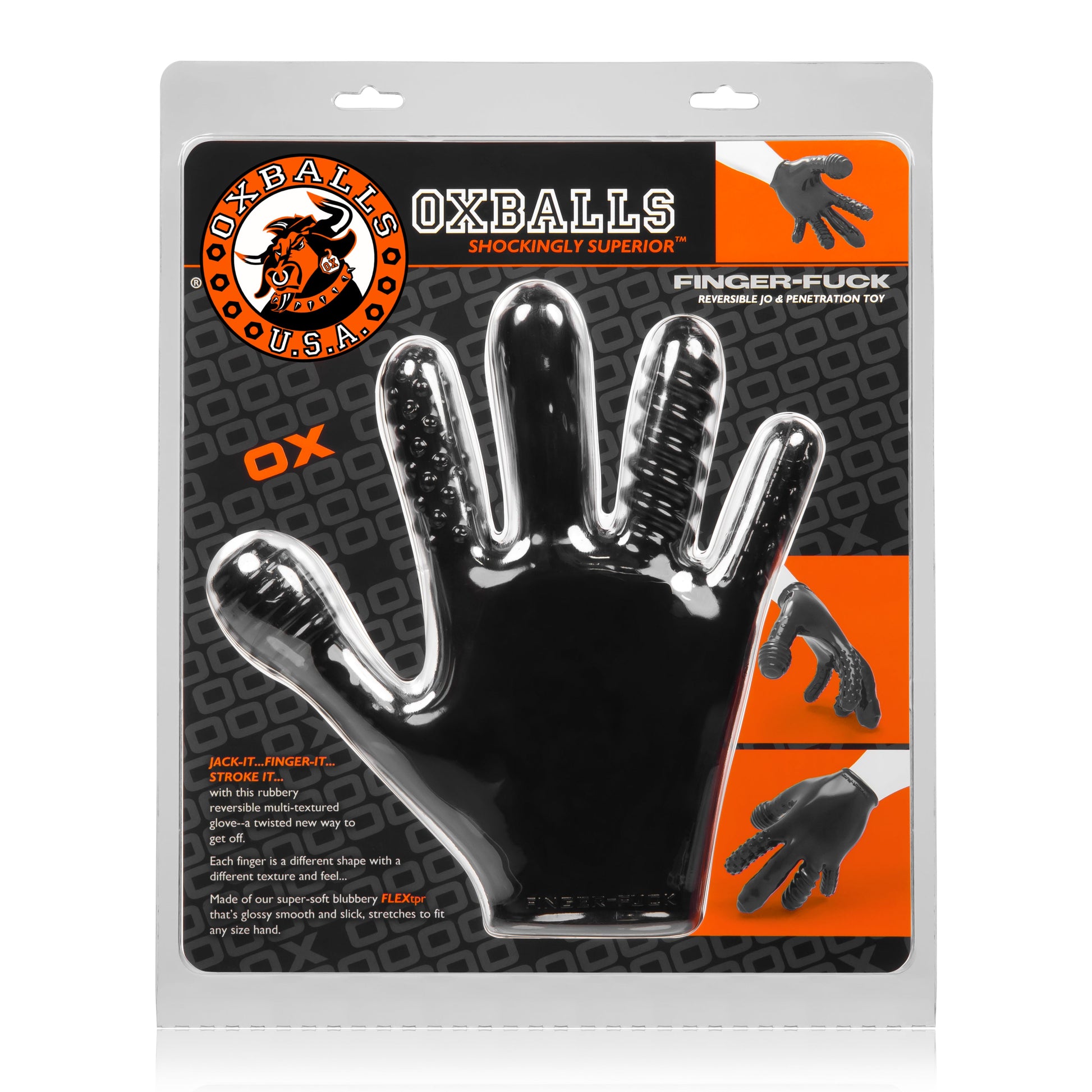 Black textured rubber play glove with distinct finger textures.