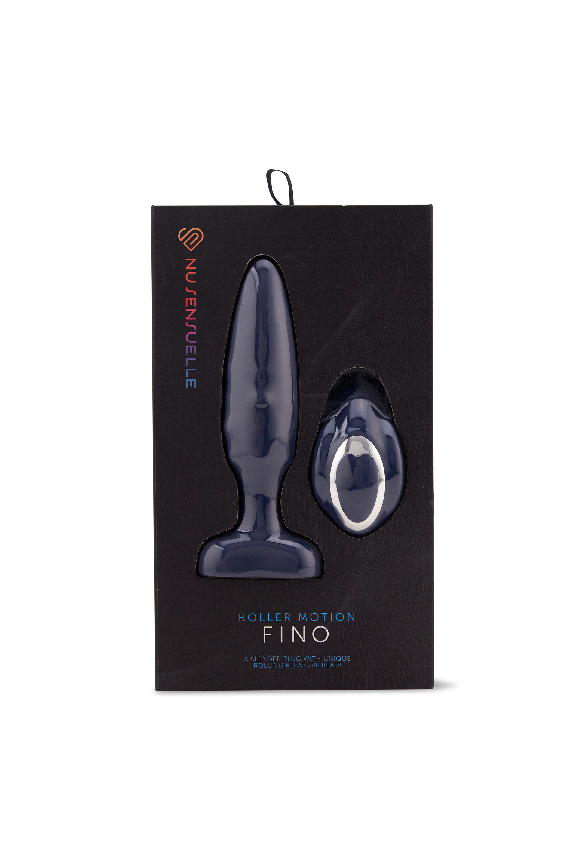 Navy blue Fino roller motion anal plug with remote control in packaging.