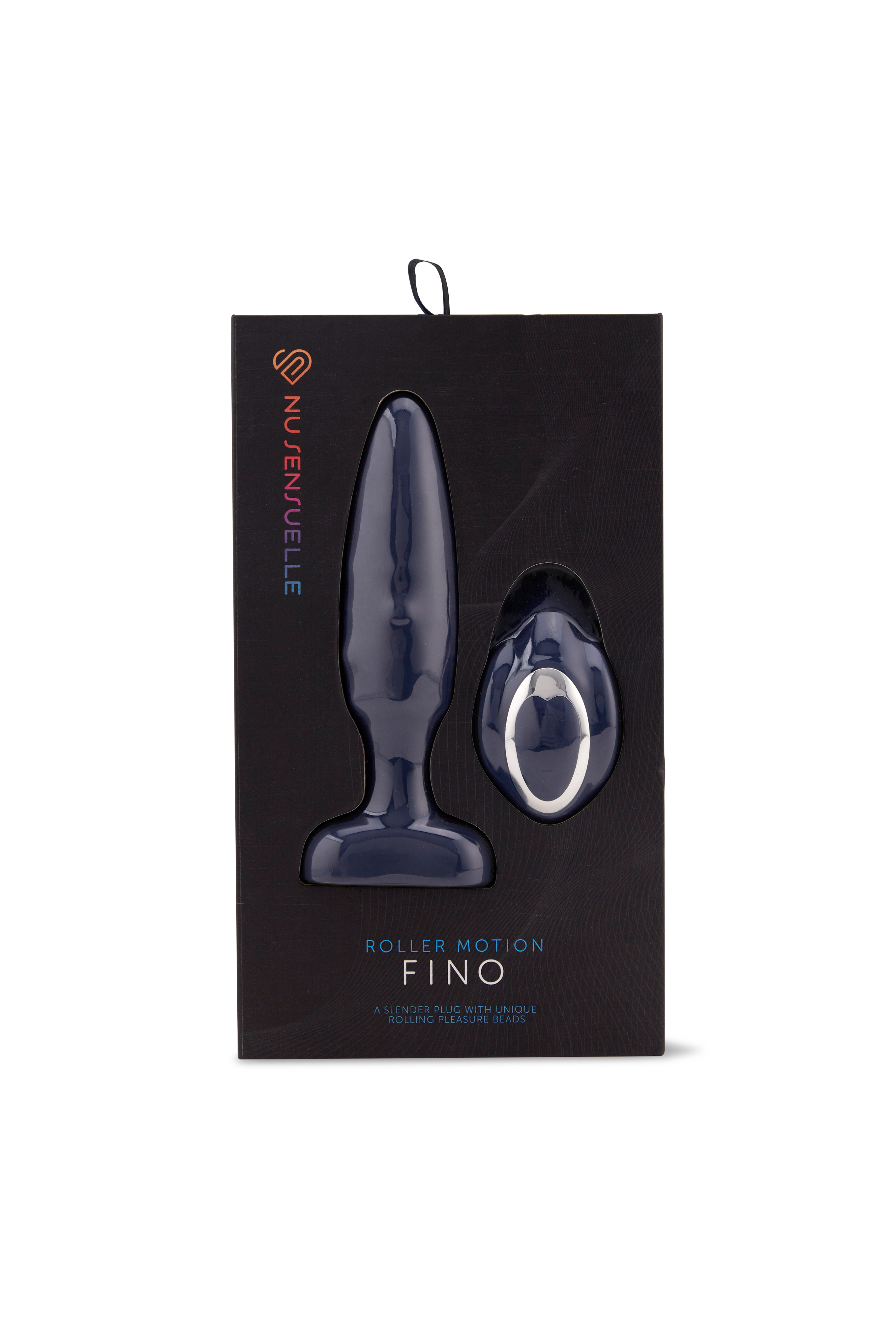 Navy blue Fino roller motion anal plug with remote control in packaging.