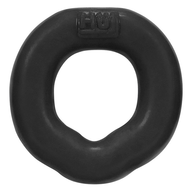 Black silicone cock ring with "HU" logo.