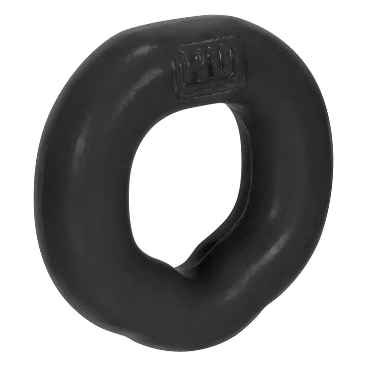 Black silicone cock ring with embossed logo.