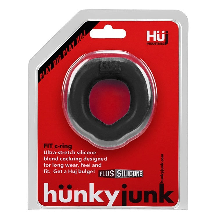 A black silicone cock ring in packaging with product information.