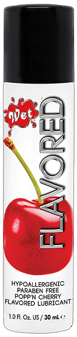Wet Popp'n Cherry flavored lubricant with a cherry illustration.