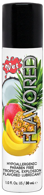 Wet Tropical Explosion flavored lubricant with fruit imagery.