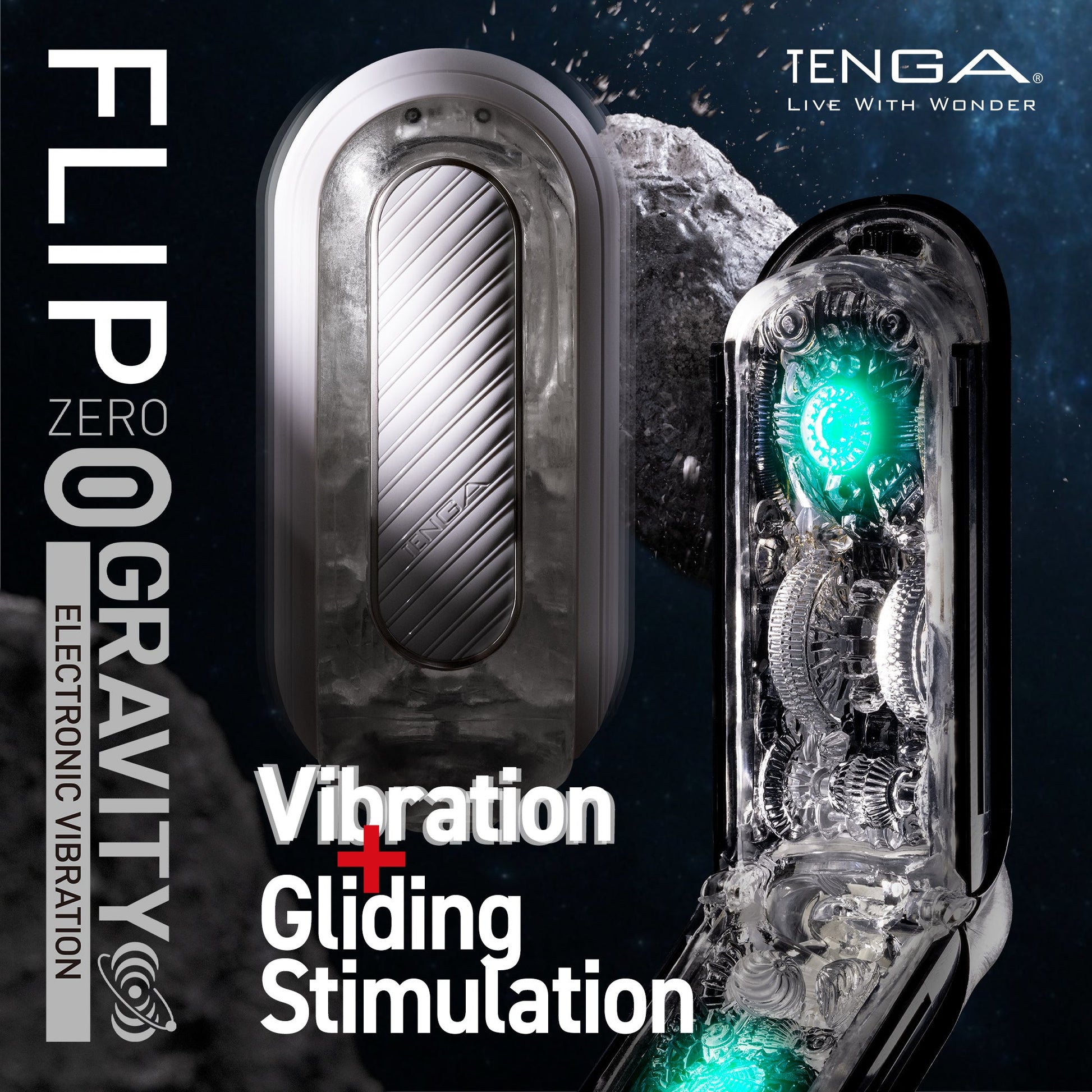 Tenga Flip Zero Gravity EV rechargeable vibrating stroker with internal gears and green light.