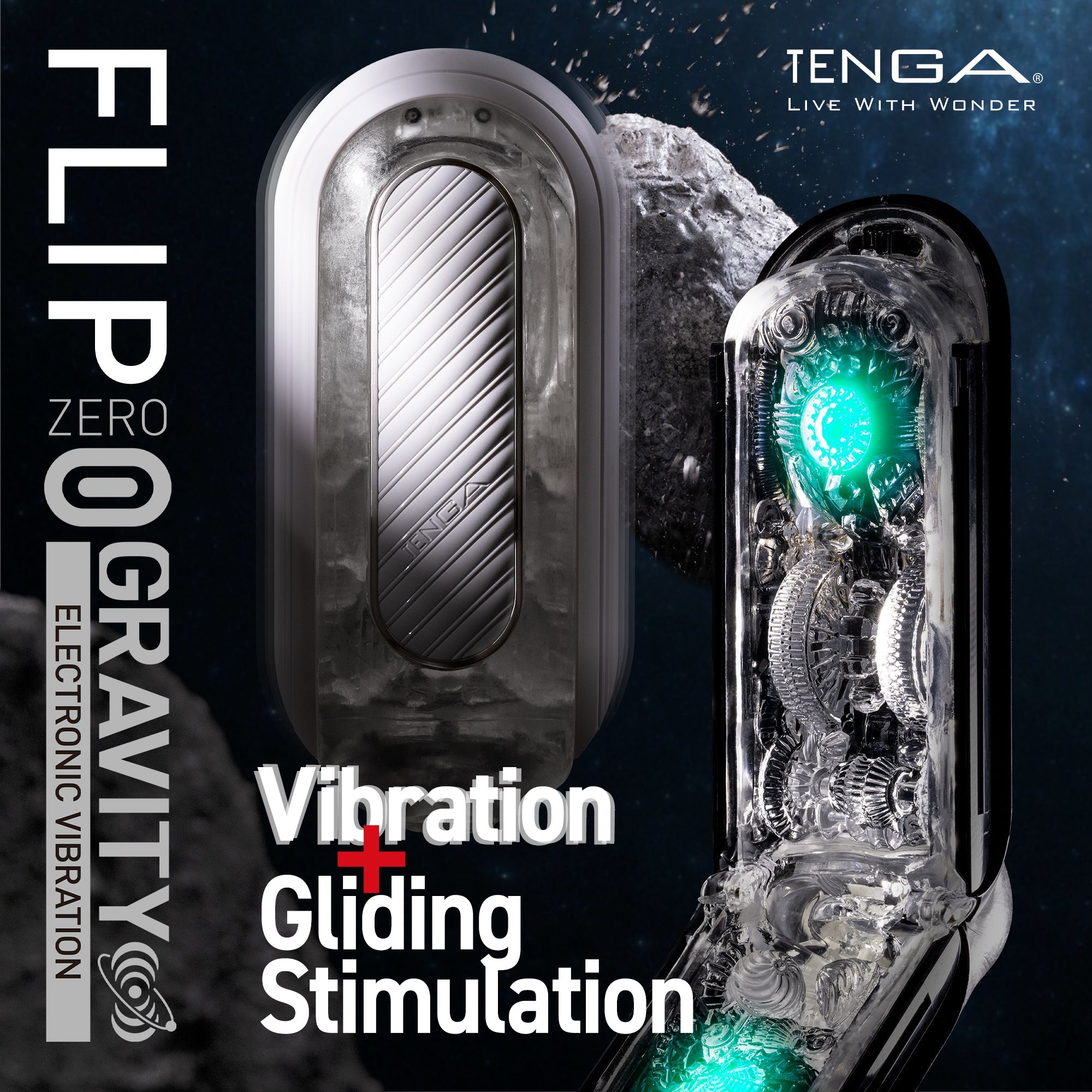 Tenga Flip Zero Gravity EV rechargeable vibrating stroker with internal gears and green light.