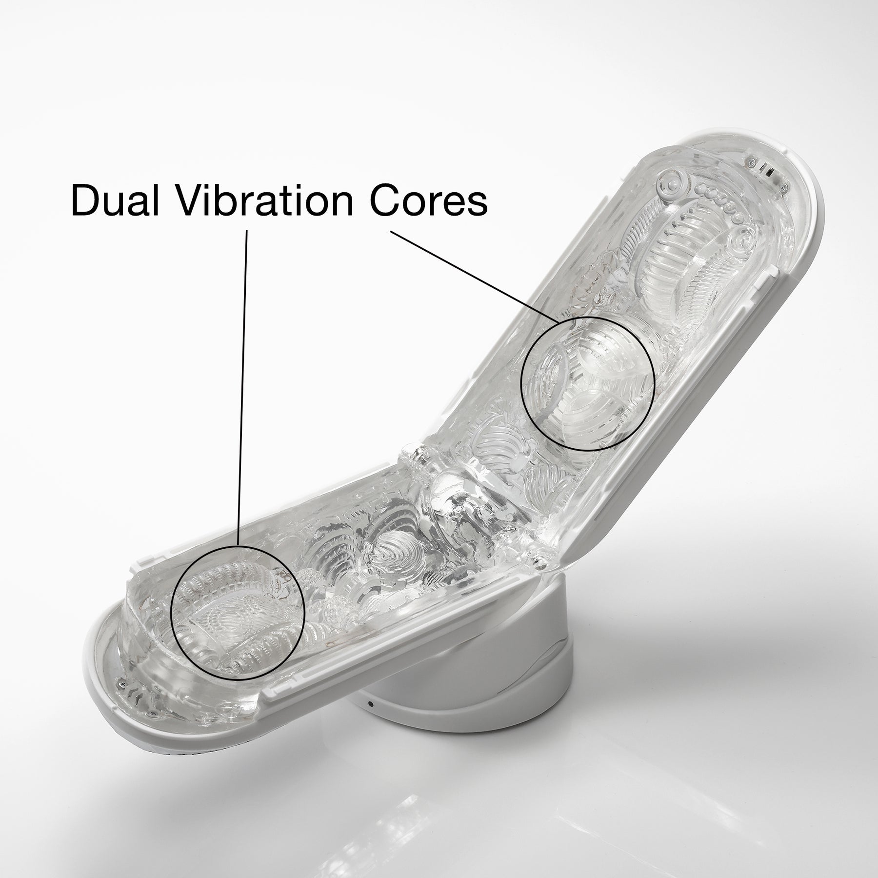 A white and clear Tenga Flip Zero Gravity EV vibrating stroker with dual vibration cores.