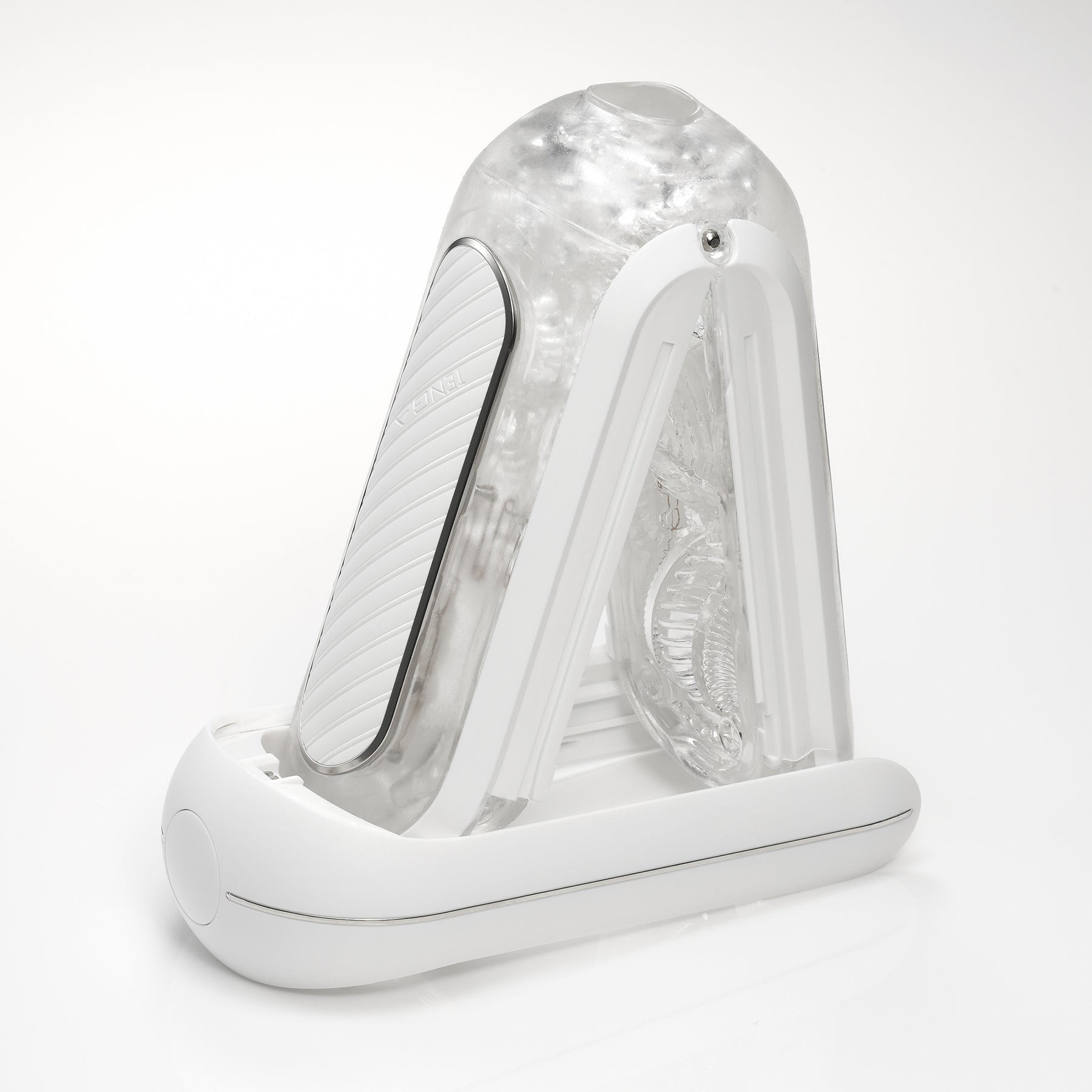 Tenga Flip Zero Gravity EV rechargeable vibrating stroker with a clear textured interior and white base.