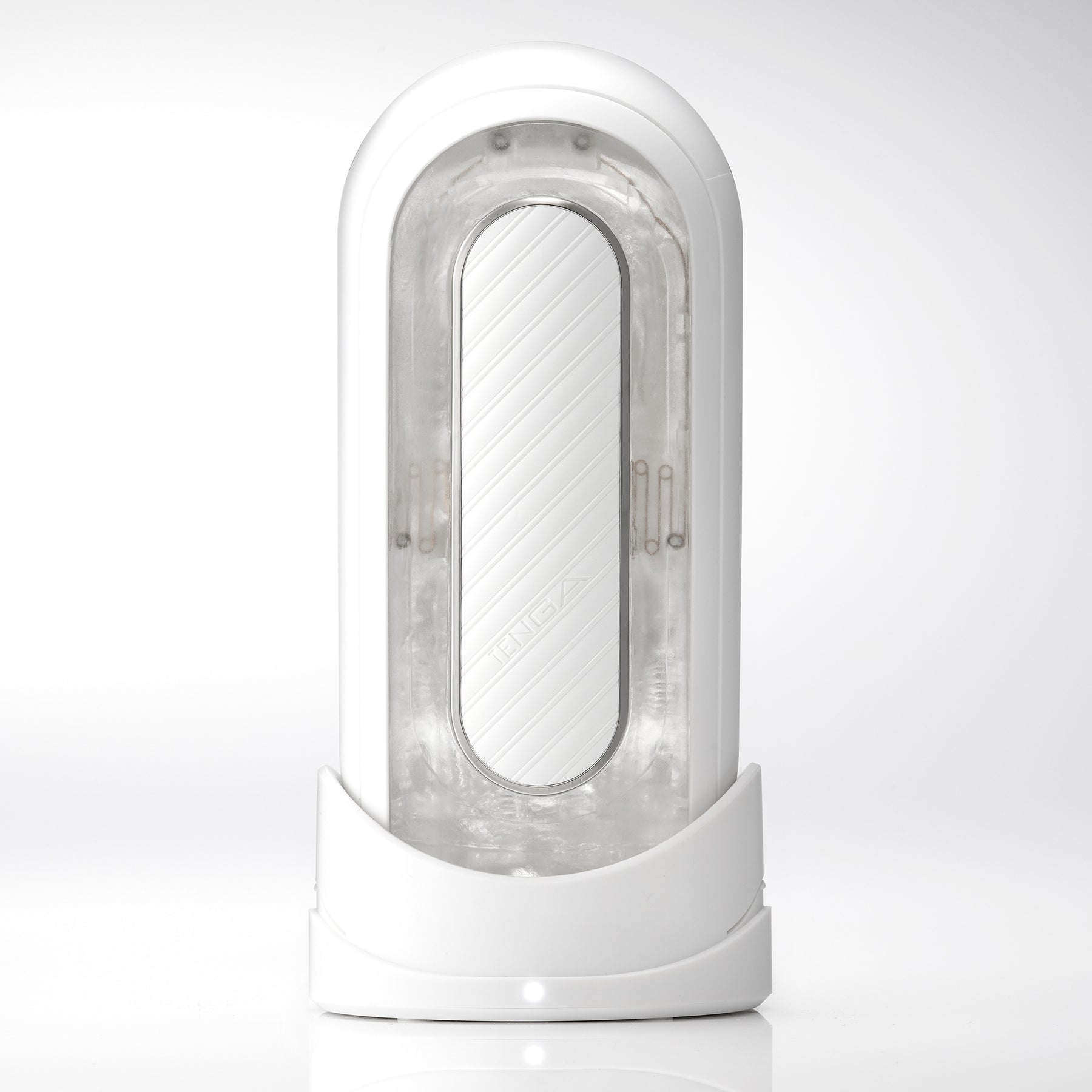 Tenga Flip Zero Gravity EV rechargeable vibrating stroker with a white exterior and textured interior.