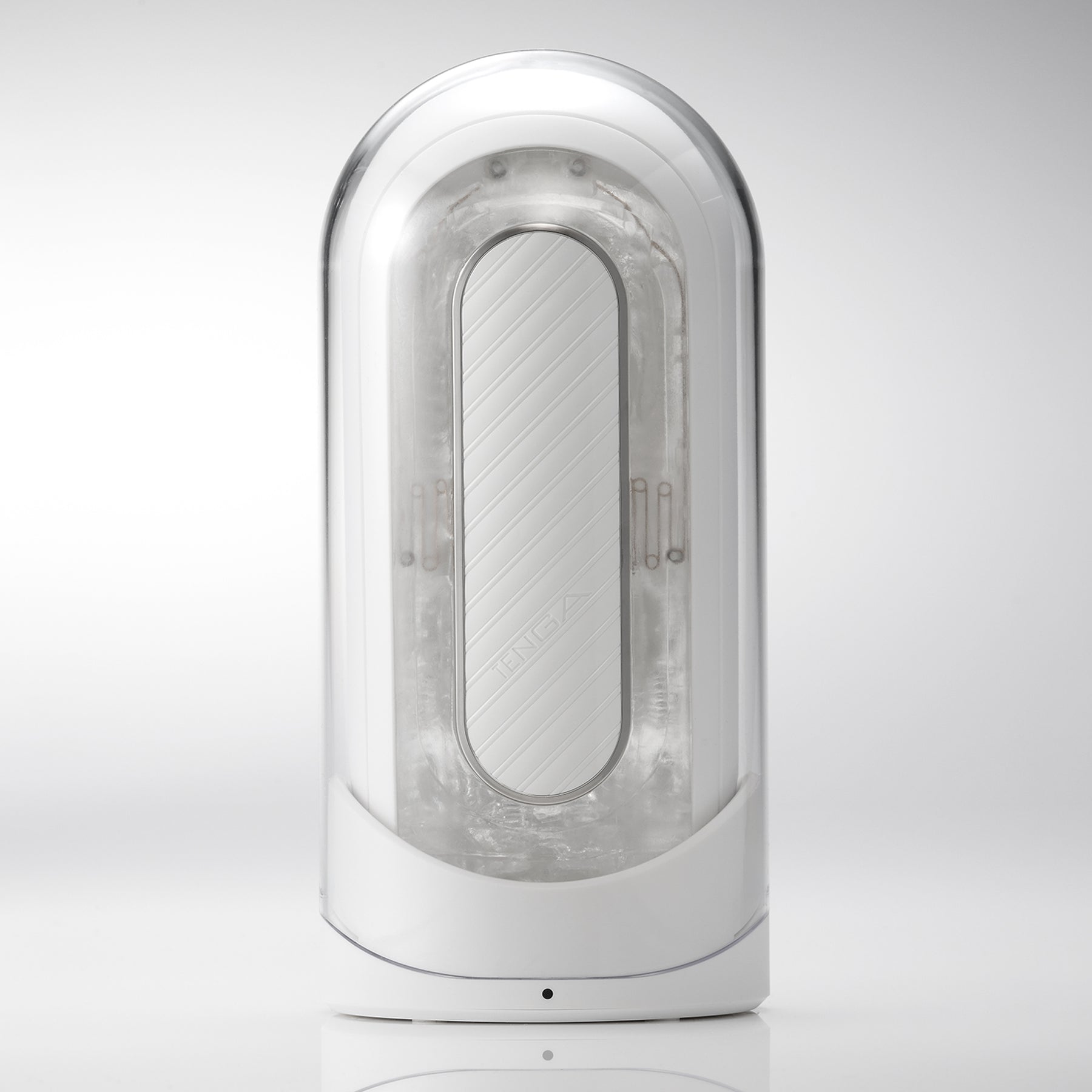 Tenga Flip Zero Gravity EV rechargeable vibrating stroker with a clear outer casing and textured inner sleeve.