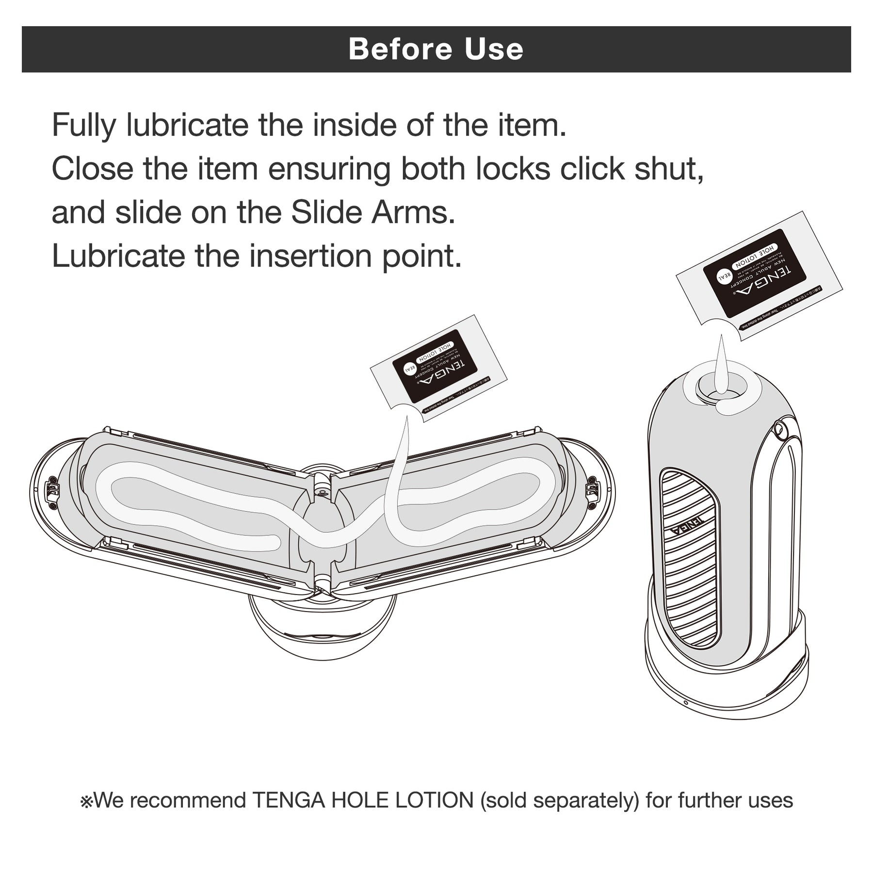 Tenga Flip Zero Gravity EV stroker with lubricant packet and instructions.