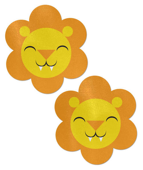 Two daisy-shaped lion face nipple pasties.