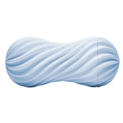 A blue reusable spiral stroker with a ribbed texture.