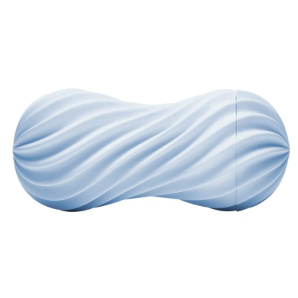 A blue reusable spiral stroker with a ribbed texture.