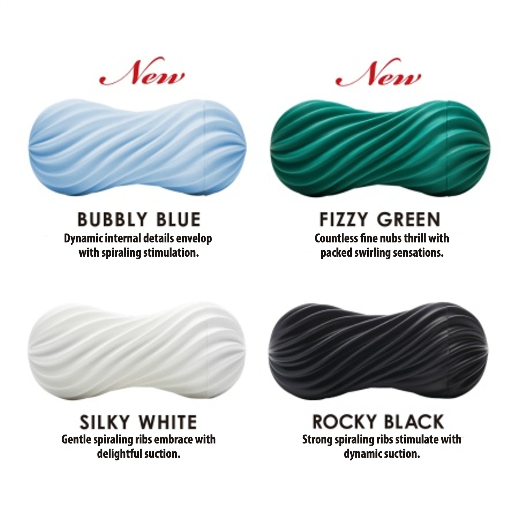 Four Tenga Flex strokers in blue, green, white, and black with spiral textures.
