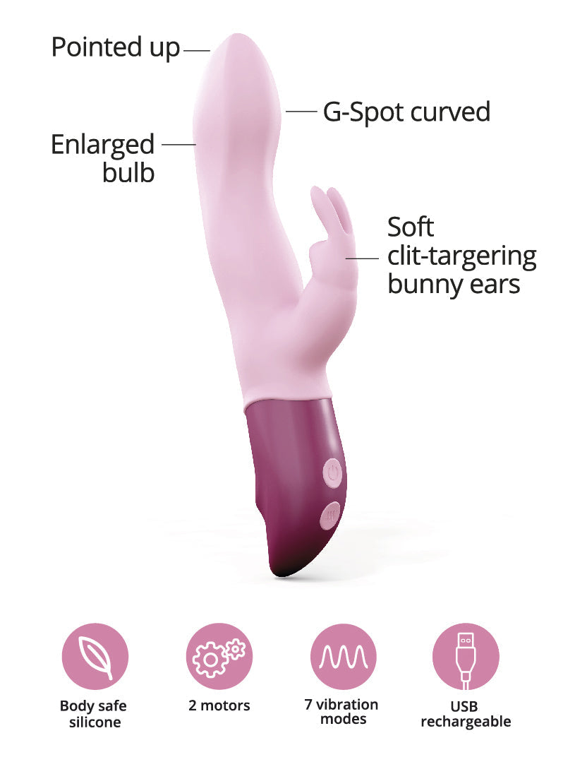 A pink G-spot vibrator with bunny ears, featuring 2 motors and 7 vibration modes.