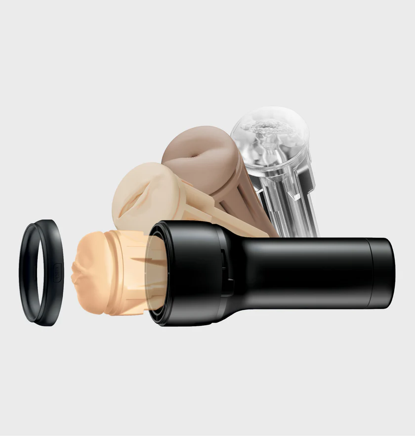 Keon compatible stroker case and attachment ring with three textured sleeves.