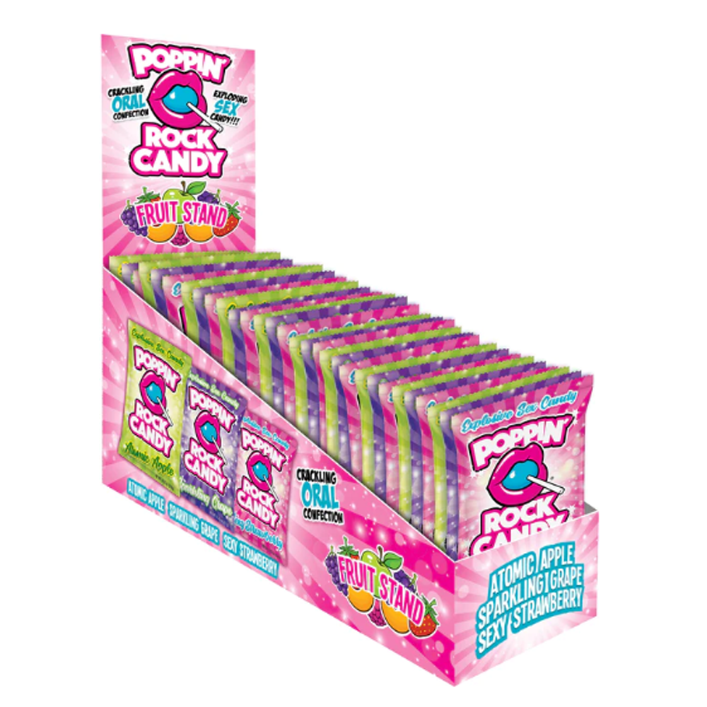 Display box of Poppin Rock Candy with 36 individual packs in fruit flavors.