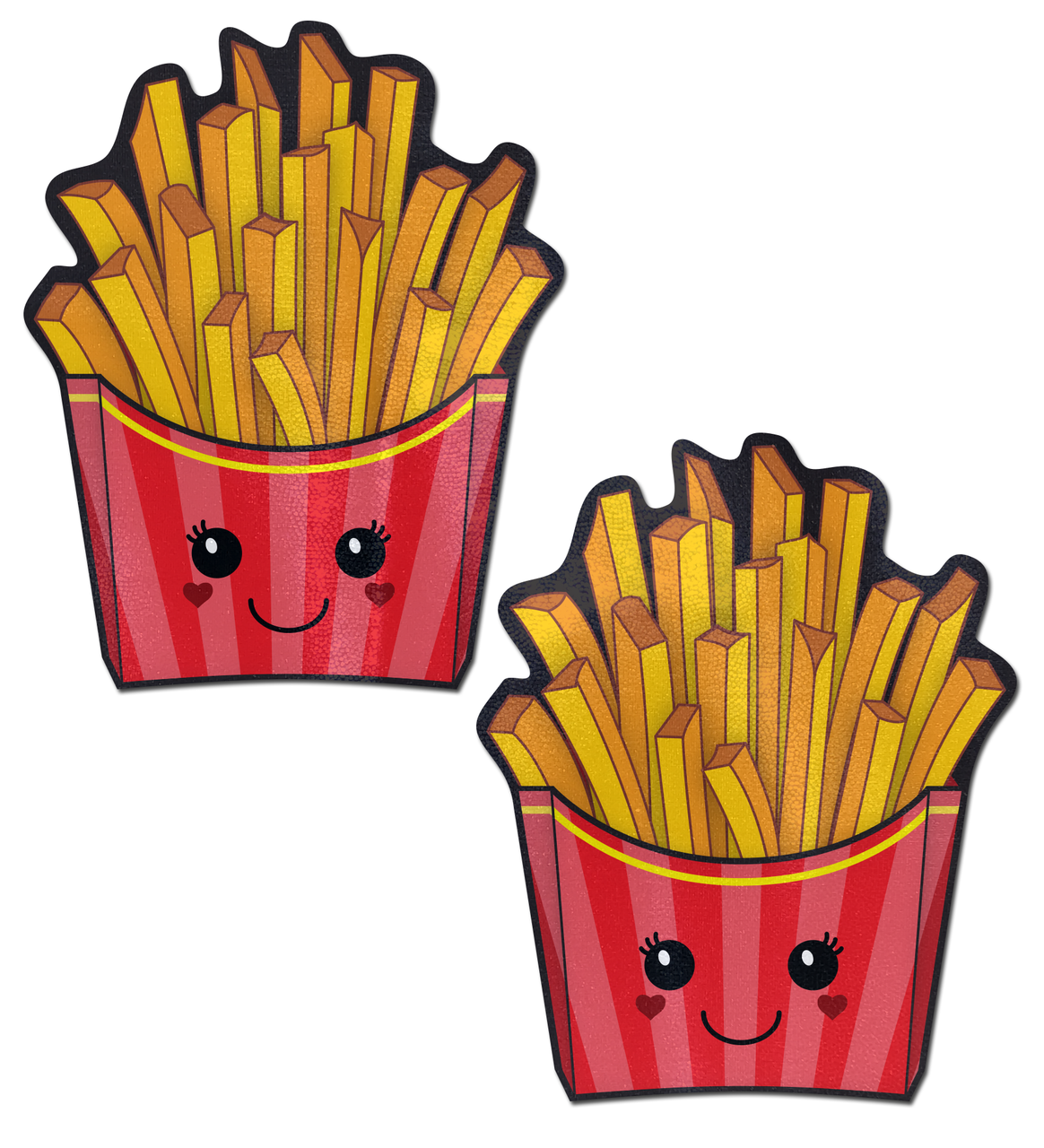 Two kawaii french fry nipple pasties with smiling faces.