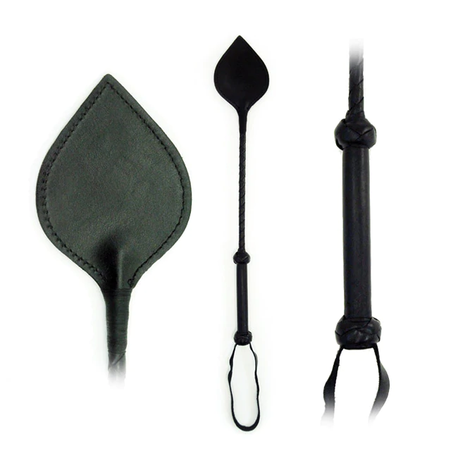 Black leather riding crop with a spade-shaped end and braided handle.